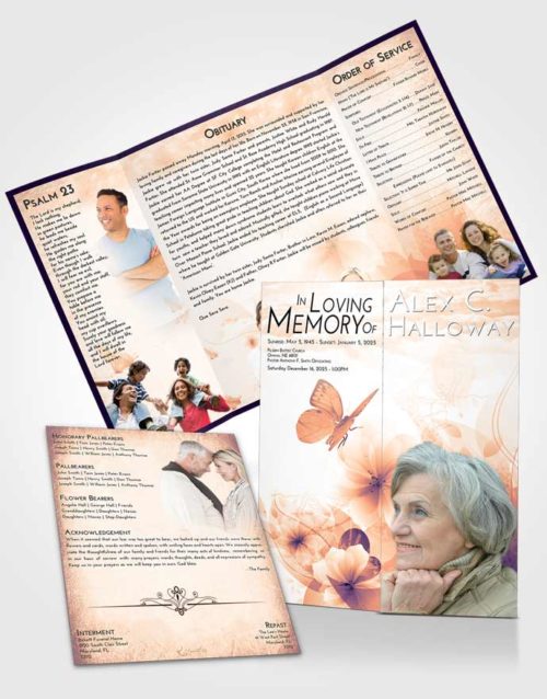 Obituary Funeral Template Gatefold Memorial Brochure Lavender Sunset Floral Butterfly