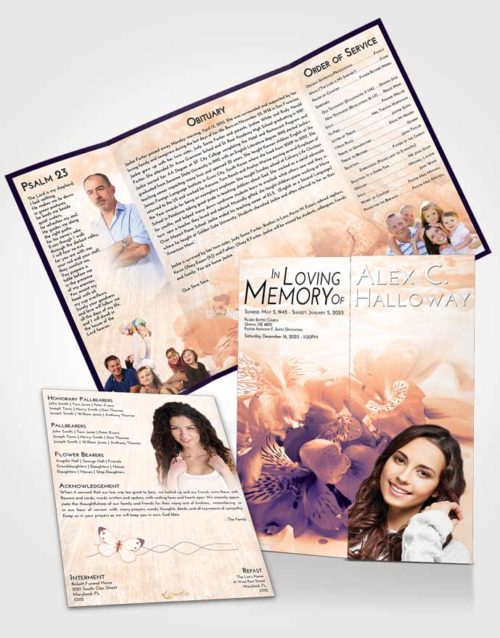 Obituary Funeral Template Gatefold Memorial Brochure Lavender Sunset Floral Magic