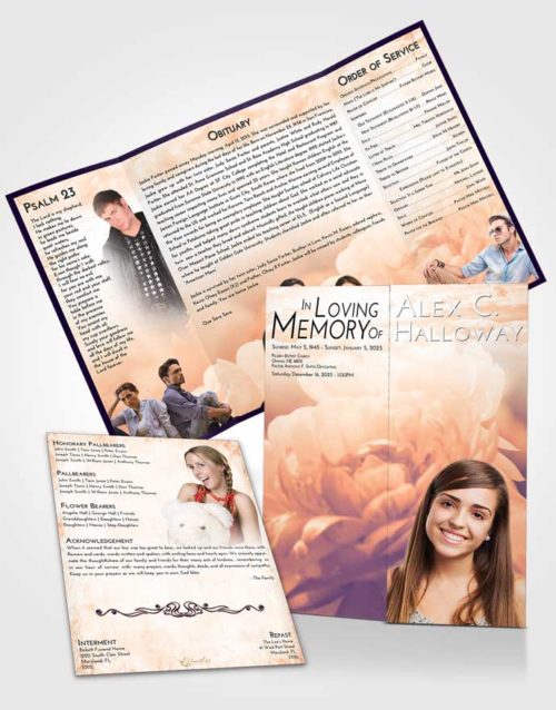 Obituary Funeral Template Gatefold Memorial Brochure Lavender Sunset Floral Paradise