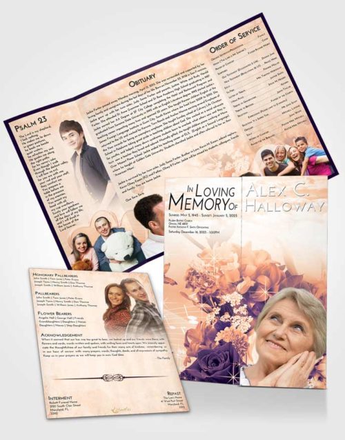Obituary Funeral Template Gatefold Memorial Brochure Lavender Sunset Floral Wonderland