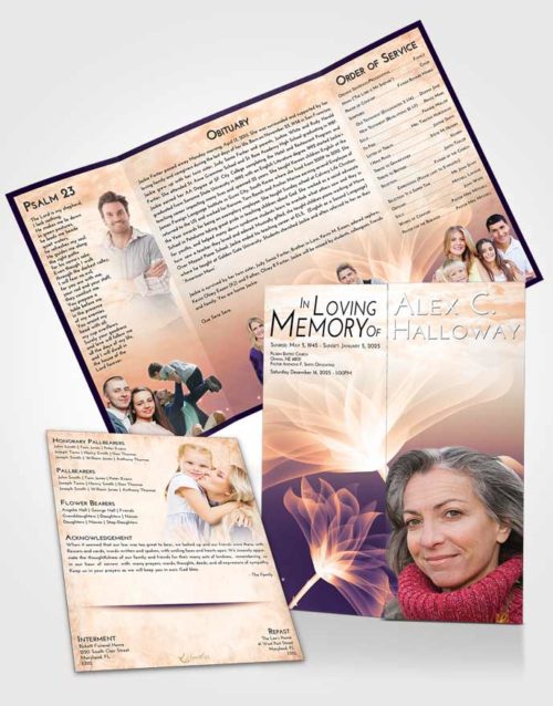 Obituary Funeral Template Gatefold Memorial Brochure Lavender Sunset Flower Peace