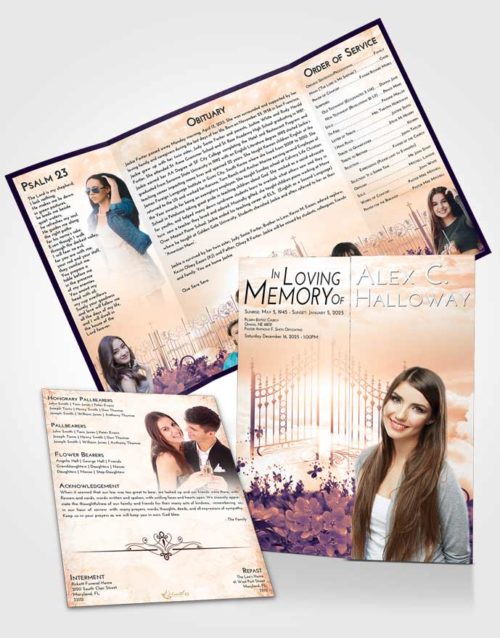 Obituary Funeral Template Gatefold Memorial Brochure Lavender Sunset Flowery Gates to Heaven