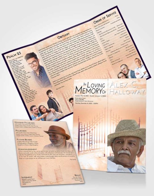 Obituary Funeral Template Gatefold Memorial Brochure Lavender Sunset Gates to Heaven