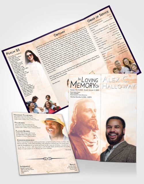 Obituary Funeral Template Gatefold Memorial Brochure Lavender Sunset Gaze of Jesus