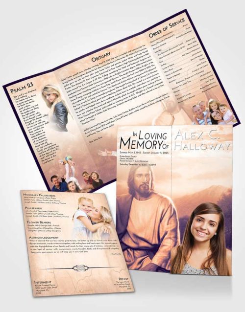 Obituary Funeral Template Gatefold Memorial Brochure Lavender Sunset Jesus Prayers