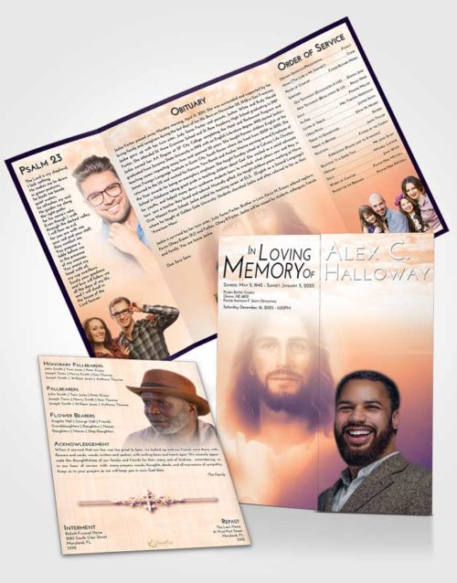 Obituary Funeral Template Gatefold Memorial Brochure Lavender Sunset Jesus in Heaven