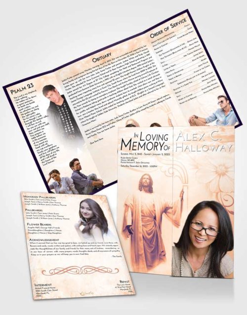 Obituary Funeral Template Gatefold Memorial Brochure Lavender Sunset Jesus in the Clouds