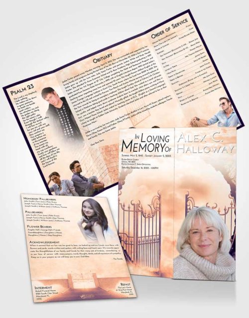 Obituary Funeral Template Gatefold Memorial Brochure Lavender Sunset Mystical Gates of Heaven