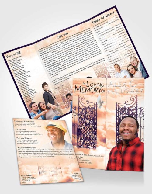 Obituary Funeral Template Gatefold Memorial Brochure Lavender Sunset Pearly Gates of Heaven