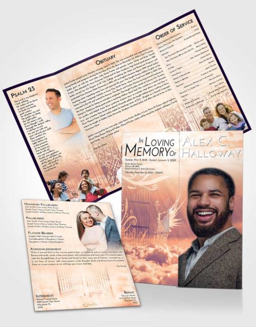 Obituary Funeral Template Gatefold Memorial Brochure Lavender Sunset Precious Gates to Heaven
