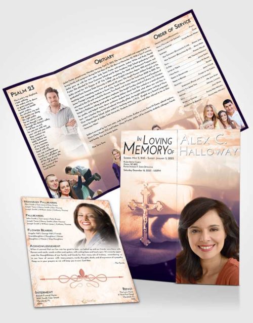 Obituary Funeral Template Gatefold Memorial Brochure Lavender Sunset Rosary Honor