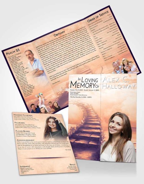 Obituary Funeral Template Gatefold Memorial Brochure Lavender Sunset Stairway Above
