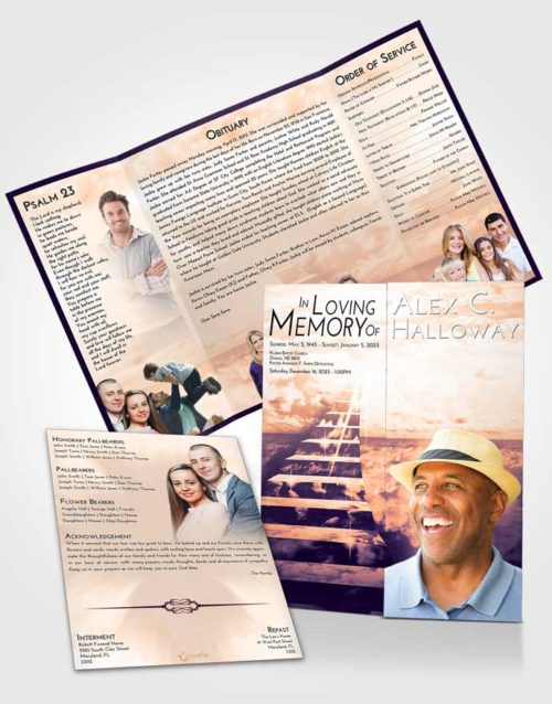 Obituary Funeral Template Gatefold Memorial Brochure Lavender Sunset Stairway for the Soul
