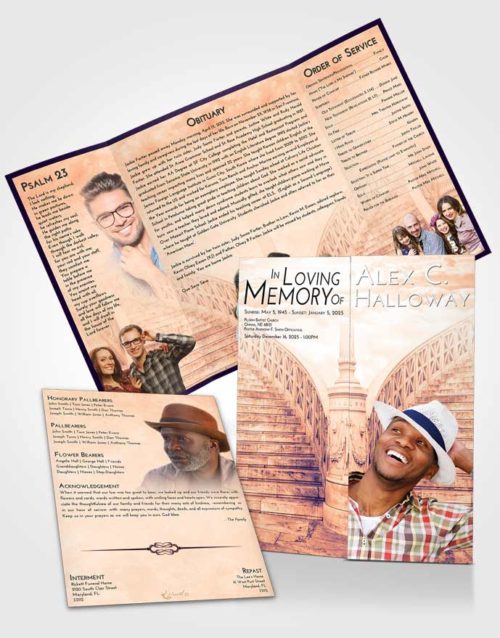 Obituary Funeral Template Gatefold Memorial Brochure Lavender Sunset Stairway of Love