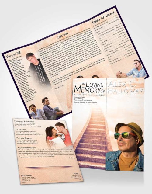 Obituary Funeral Template Gatefold Memorial Brochure Lavender Sunset Stairway to Bliss