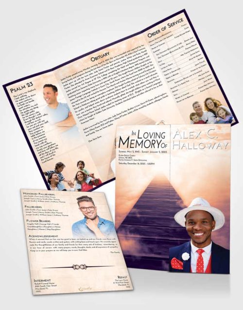 Obituary Funeral Template Gatefold Memorial Brochure Lavender Sunset Stairway to Eternity