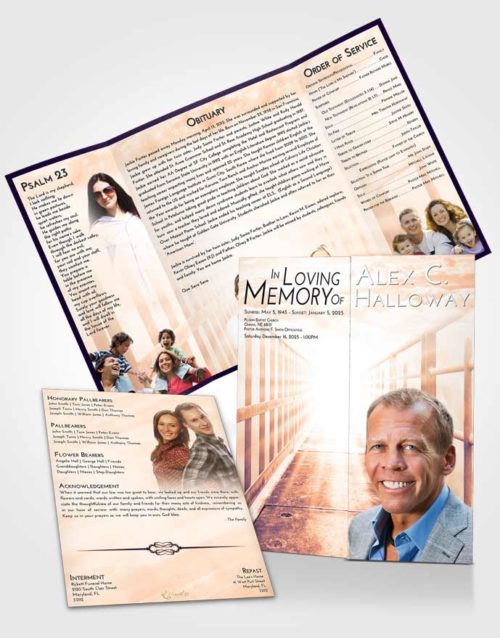 Obituary Funeral Template Gatefold Memorial Brochure Lavender Sunset Stairway to Faith