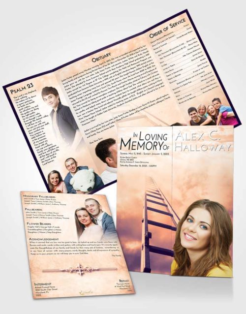 Obituary Funeral Template Gatefold Memorial Brochure Lavender Sunset Stairway to Forever