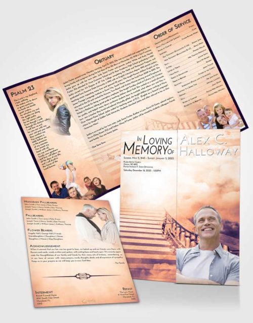 Obituary Funeral Template Gatefold Memorial Brochure Lavender Sunset Stairway to Freedom