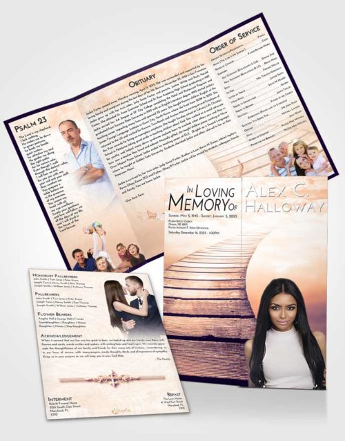 Obituary Funeral Template Gatefold Memorial Brochure Lavender Sunset Stairway to Life