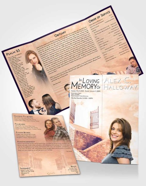 Obituary Funeral Template Gatefold Memorial Brochure Lavender Sunset Stairway to the Gates of Heaven