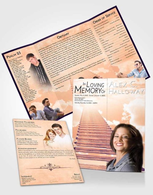 Obituary Funeral Template Gatefold Memorial Brochure Lavender Sunset Steps to Heaven