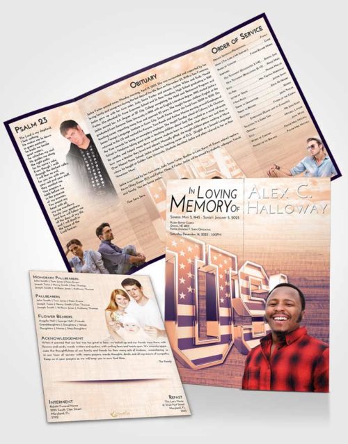 Obituary Funeral Template Gatefold Memorial Brochure Lavender Sunset USA