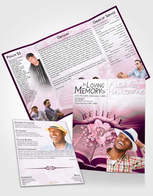 Obituary Funeral Template Gatefold Memorial Brochure Pink Faith Bible Belief