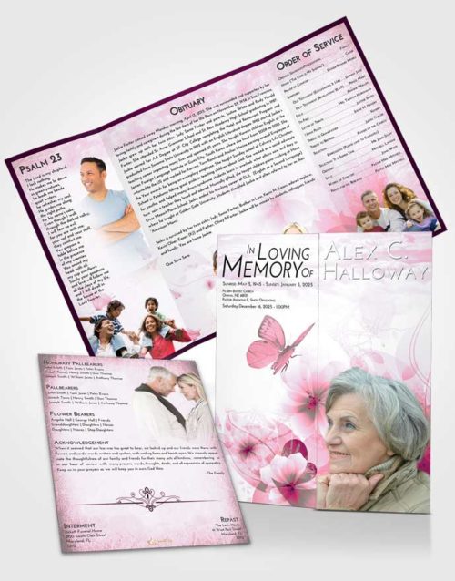 Obituary Funeral Template Gatefold Memorial Brochure Pink Faith Floral Butterfly