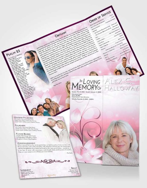 Obituary Funeral Template Gatefold Memorial Brochure Pink Faith Floral Peace