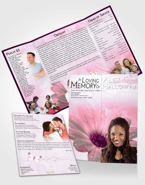 Obituary Funeral Template Gatefold Memorial Brochure Pink Faith Floral Raindrops
