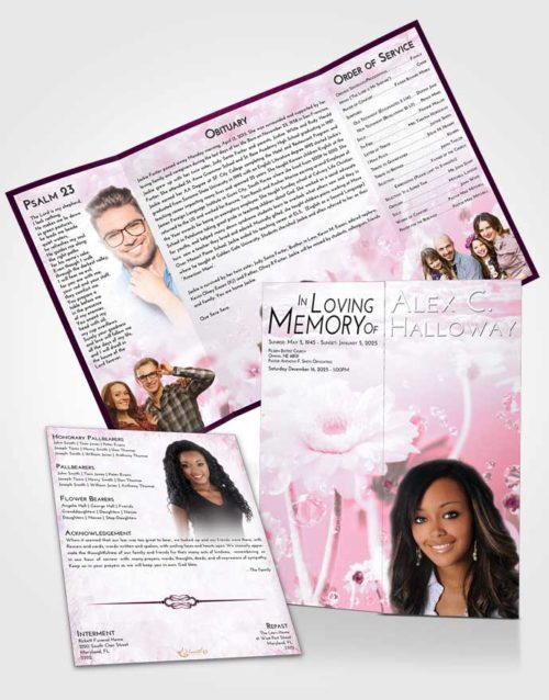 Obituary Funeral Template Gatefold Memorial Brochure Pink Faith Floral Tranquility