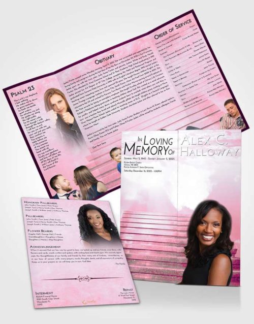 Obituary Funeral Template Gatefold Memorial Brochure Pink Faith Stairway Into the Sky
