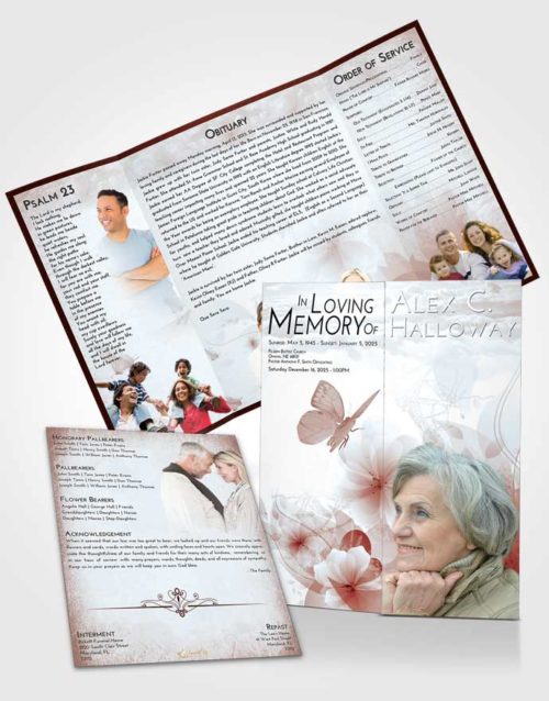 Obituary Funeral Template Gatefold Memorial Brochure Ruby Love Floral Butterfly