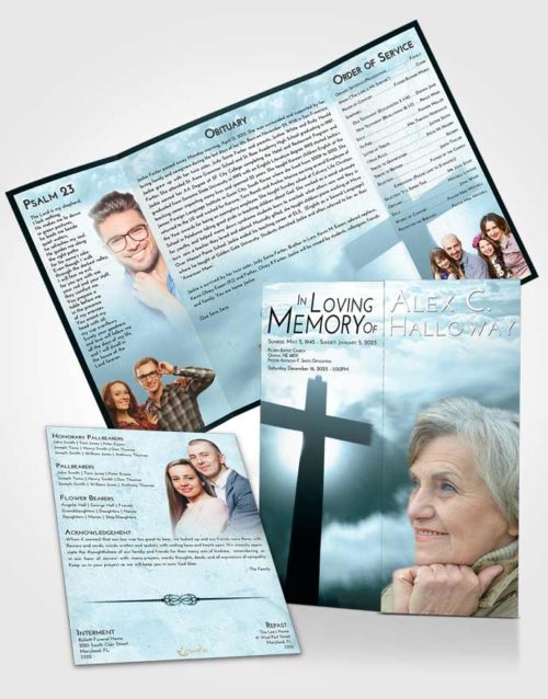Obituary Funeral Template Gatefold Memorial Brochure Soft Emerald Love Faith in the Cross