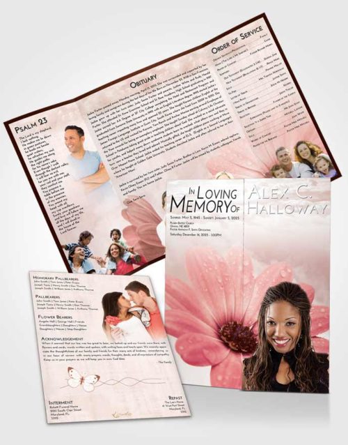 Obituary Funeral Template Gatefold Memorial Brochure Strawberry Love Floral Raindrops