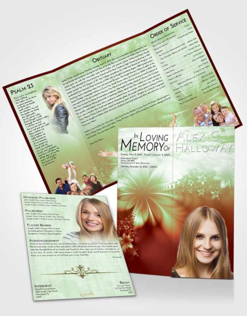 Obituary Funeral Template Gatefold Memorial Brochure Strawberry Mist Floral Lust