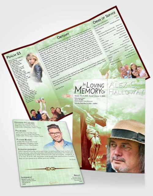 Obituary Funeral Template Gatefold Memorial Brochure Strawberry Mist Spiritual Cross
