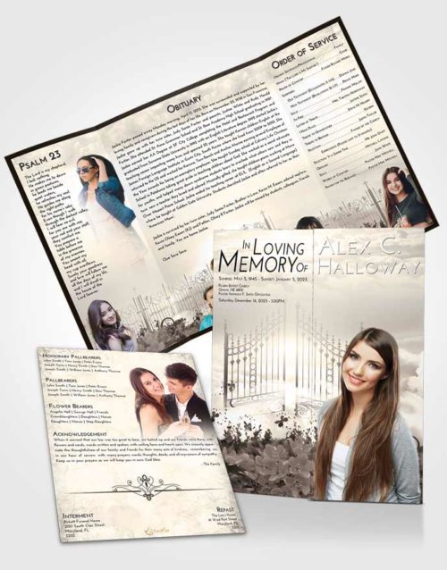Obituary Funeral Template Gatefold Memorial Brochure Tranquil Flowery Gates to Heaven