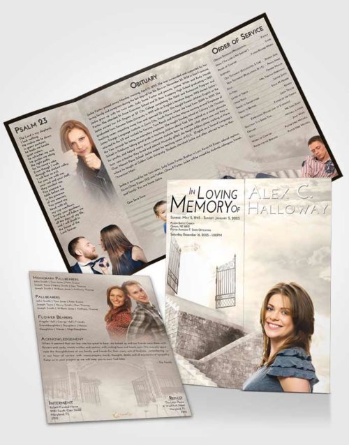 Obituary Funeral Template Gatefold Memorial Brochure Tranquil Stairway to the Gates of Heaven