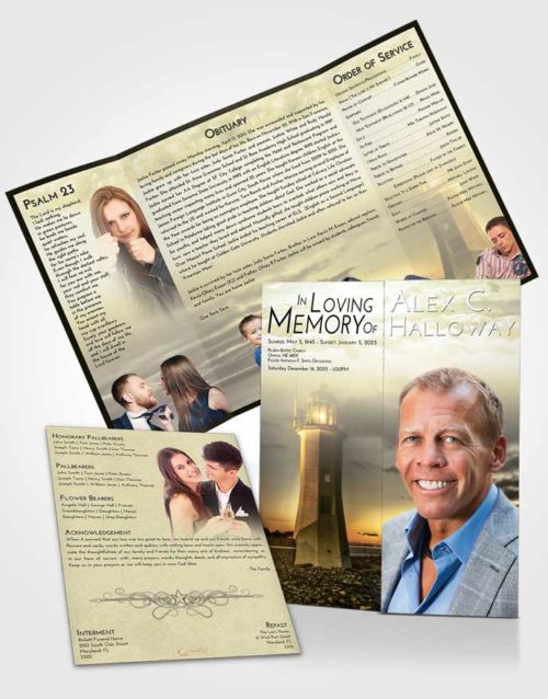 Obituary Funeral Template Gatefold Memorial Brochure At Dusk Lighthouse Magnificence