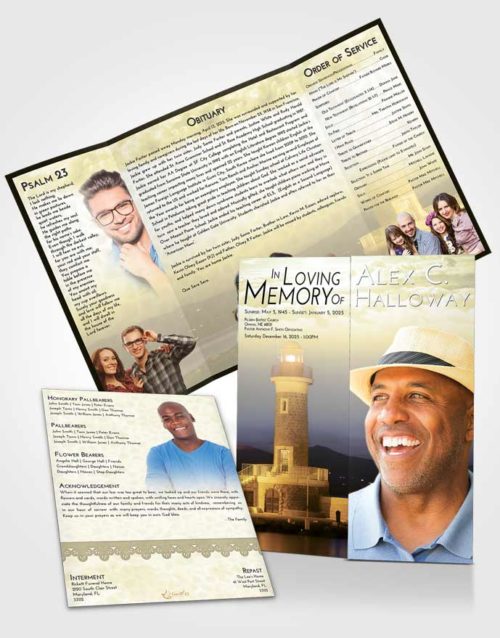 Obituary Funeral Template Gatefold Memorial Brochure At Dusk Lighthouse Majesty