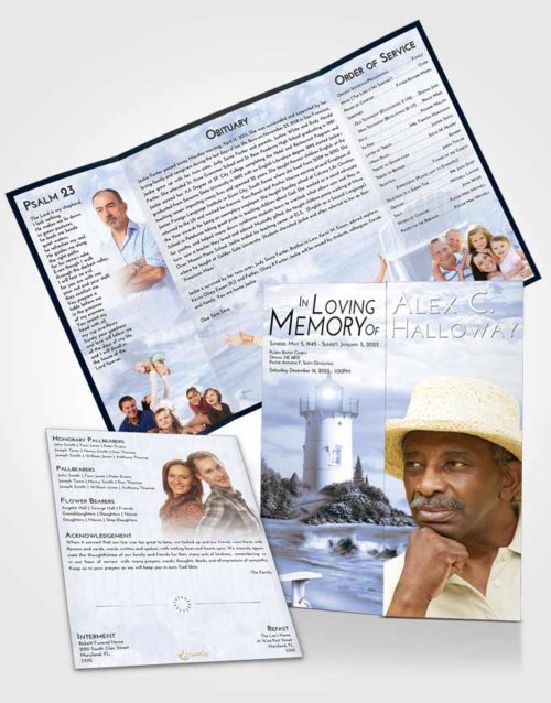 Obituary Funeral Template Gatefold Memorial Brochure Coral Reef Lighthouse Laughter