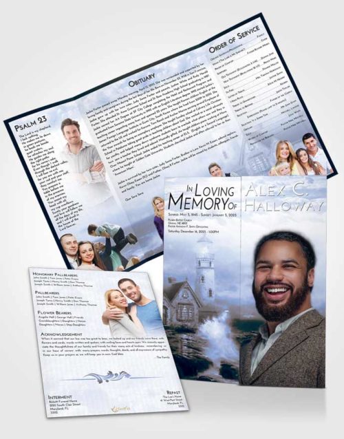 Obituary Funeral Template Gatefold Memorial Brochure Coral Reef Lighthouse Lookout