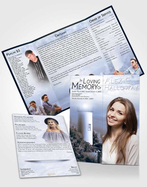 Obituary Funeral Template Gatefold Memorial Brochure Coral Reef Lighthouse Mystery