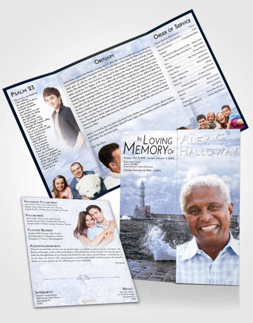 Obituary Funeral Template Gatefold Memorial Brochure Coral Reef Lighthouse in the Tides