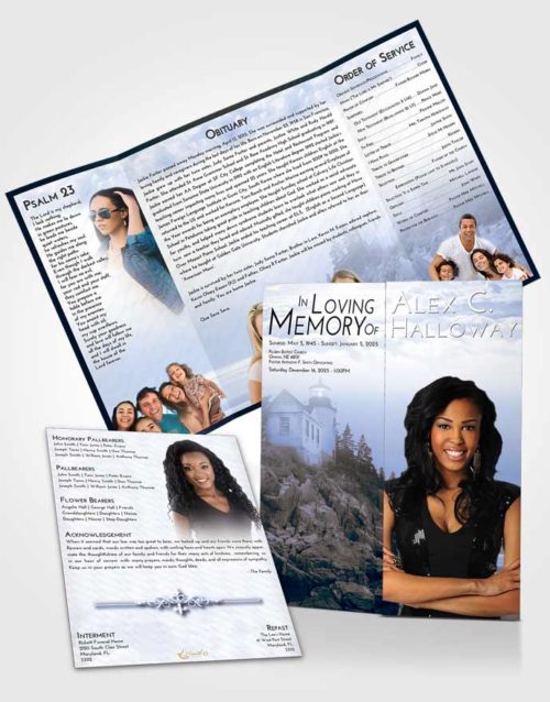 Obituary Funeral Template Gatefold Memorial Brochure Coral Reef Lighthouse on the Rocks