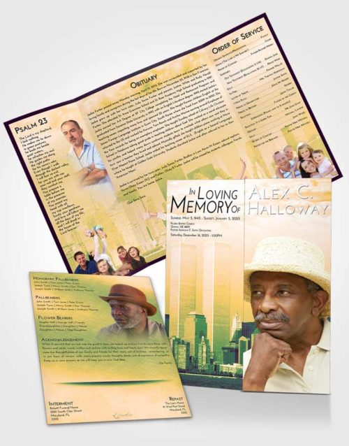 Obituary Funeral Template Gatefold Memorial Brochure Emerald Serenity Cityscape