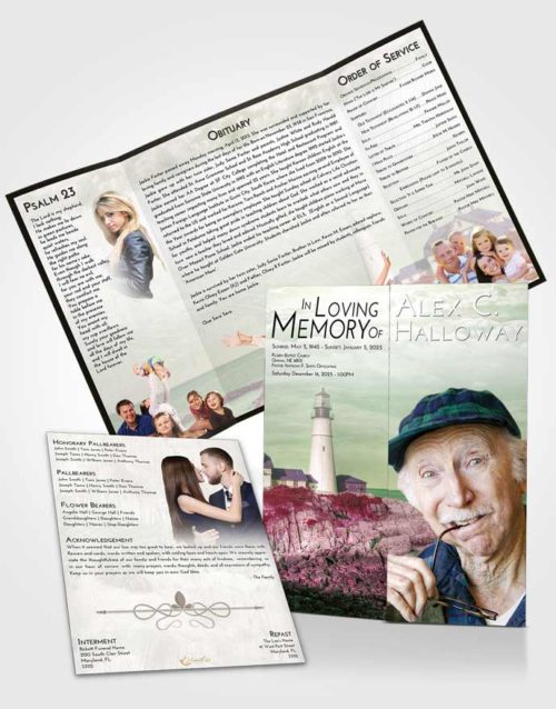 Obituary Funeral Template Gatefold Memorial Brochure Emerald Sunrise Lighthouse Journey