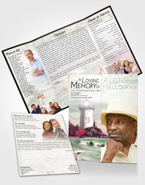 Obituary Funeral Template Gatefold Memorial Brochure Emerald Sunrise Lighthouse Laughter